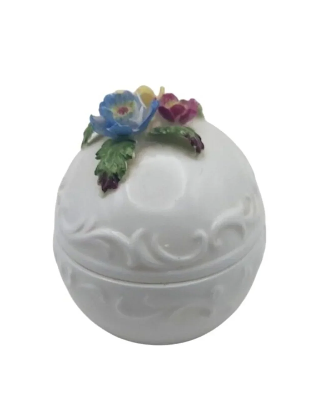 Vintage Towle Fine Bone China Egg Shaped Trinket Dish With Capodimonte Flowers